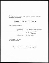 Overlijdensbericht B.J. de Jongh (1959)